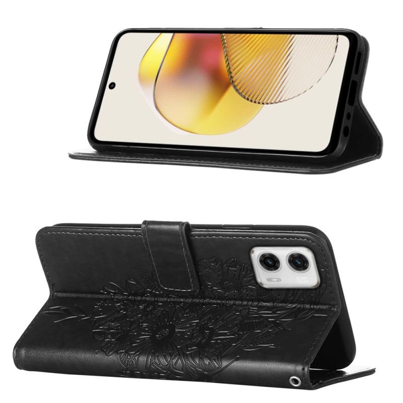 Capa De Couro Para Moto G73 5G De Cordão Borboleta Floral Com Tiras