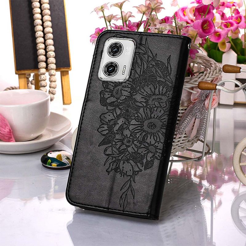 Capa De Couro Para Moto G73 5G De Cordão Borboleta Floral Com Tiras