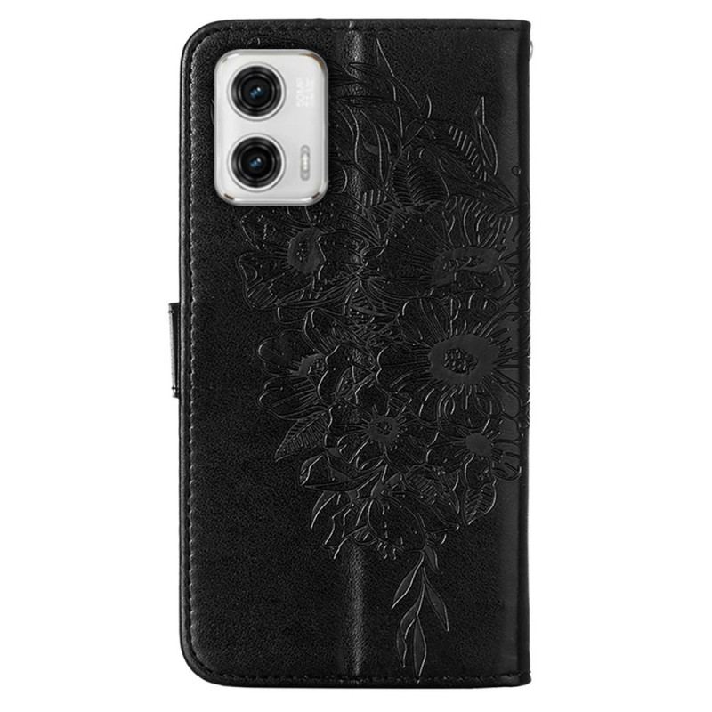 Capa De Couro Para Moto G73 5G De Cordão Borboleta Floral Com Tiras