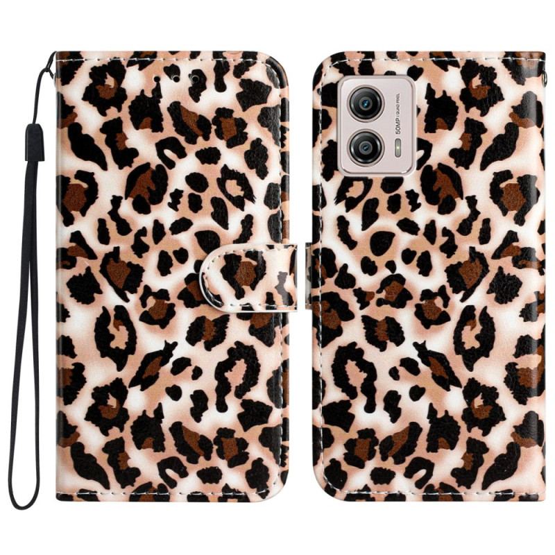 Capa De Couro Para Moto G73 5G De Cordão Estampa De Leopardo Com Tiras