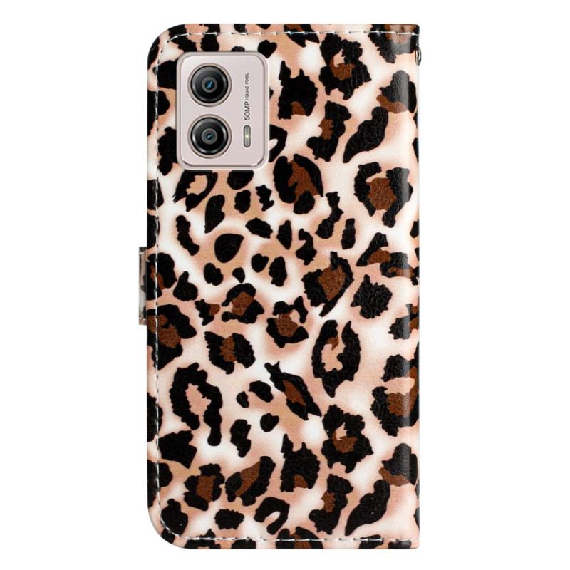 Capa De Couro Para Moto G73 5G De Cordão Estampa De Leopardo Com Tiras