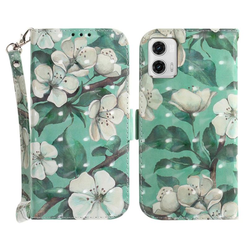 Capa De Couro Para Moto G73 5G De Cordão Flores Brancas Com Tiras