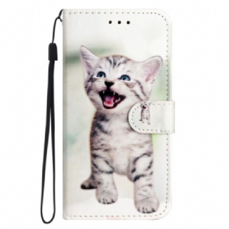 Capa De Couro Para Moto G73 5G De Cordão Gatinho Com Alça