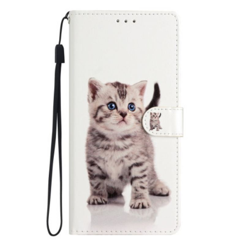 Capa De Couro Para Moto G73 5G De Cordão Gatinho Com Alça