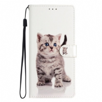 Capa De Couro Para Moto G73 5G De Cordão Gatinho Com Alça