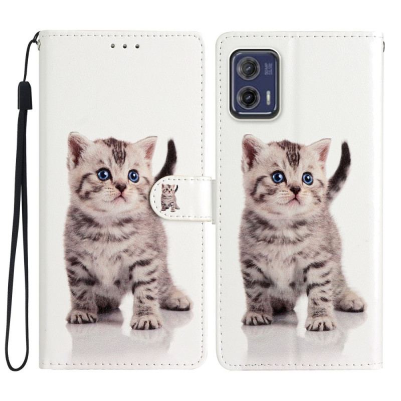 Capa De Couro Para Moto G73 5G De Cordão Gatinho Com Alça