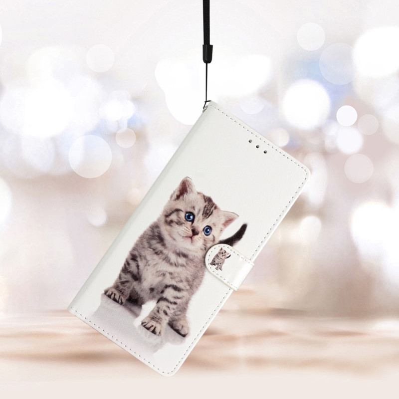 Capa De Couro Para Moto G73 5G De Cordão Gatinho Com Alça