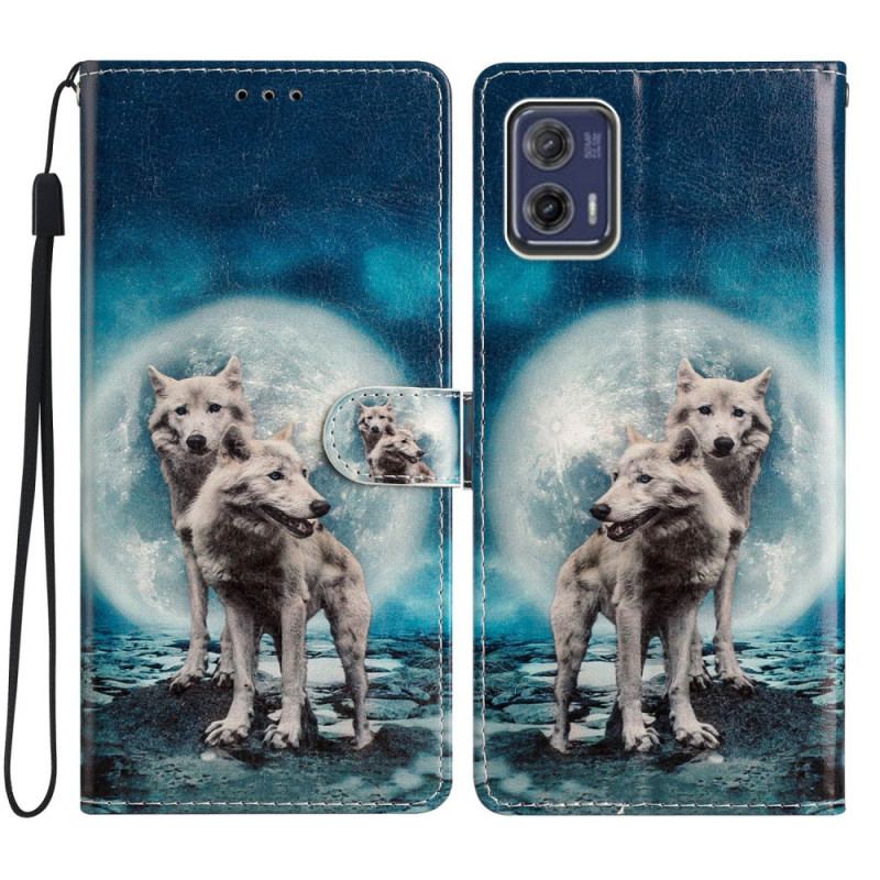 Capa De Couro Para Moto G73 5G De Cordão Lobos Enluarados Amarrados