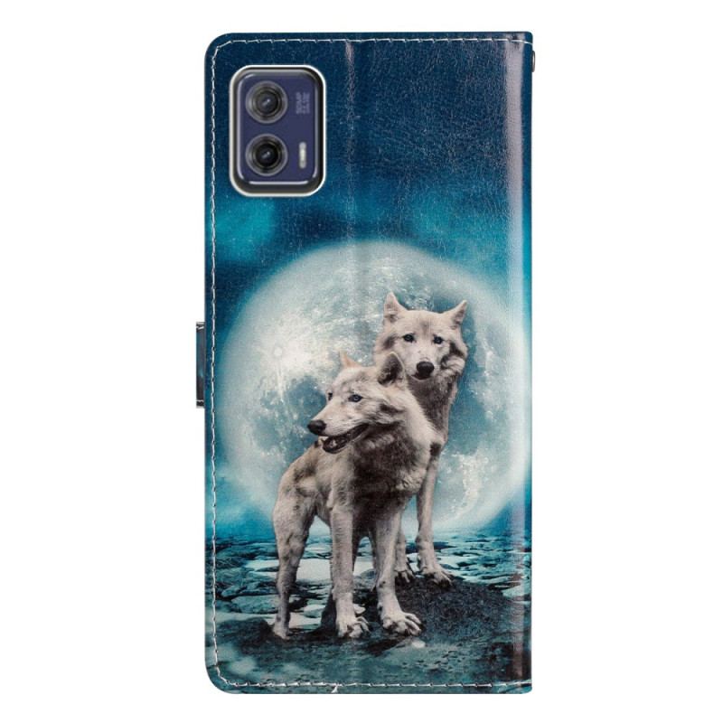 Capa De Couro Para Moto G73 5G De Cordão Lobos Enluarados Amarrados