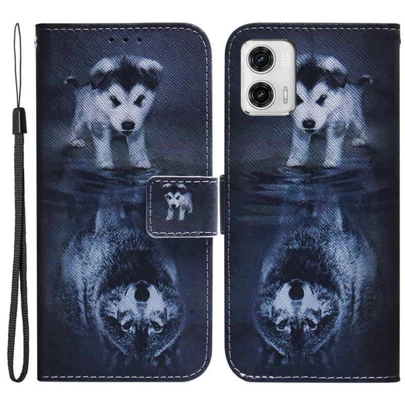 Capa De Couro Para Moto G73 5G De Cordão Sonho De Cachorrinho Strappy