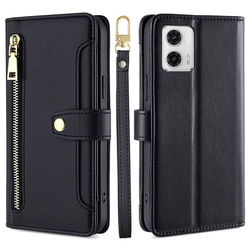 Capa Flip Para Moto G73 5G Bolsa Com Alça E Cordão