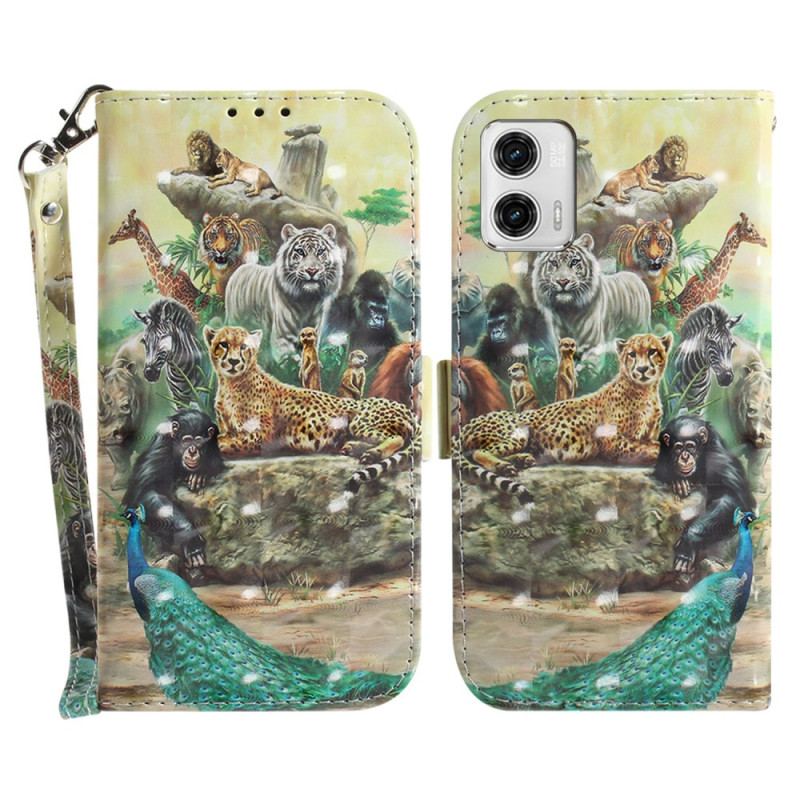 Capa Flip Para Moto G73 5G De Cordão Animais De Safári Tanga