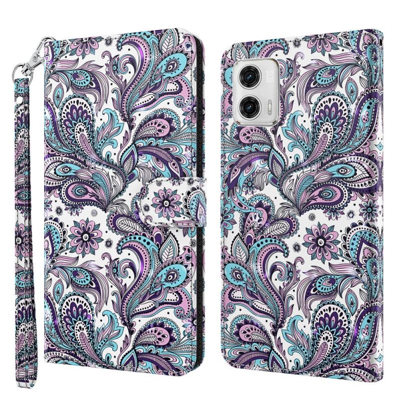 Capa Flip Para Moto G73 5G De Cordão Padrão Strappy Paisley