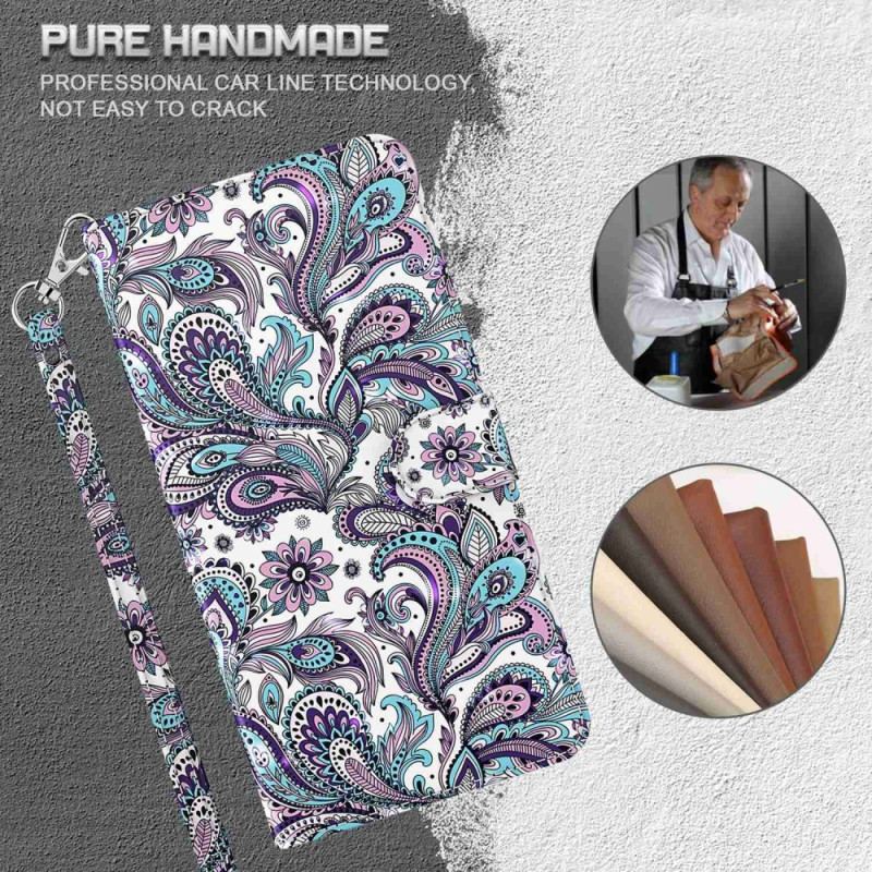 Capa Flip Para Moto G73 5G De Cordão Padrão Strappy Paisley