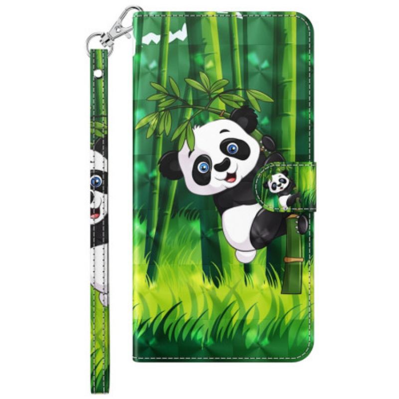 Capa Flip Para Moto G73 5G De Cordão Panda E Bambu Com Lanyard