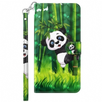 Capa Flip Para Moto G73 5G De Cordão Panda E Bambu Com Lanyard