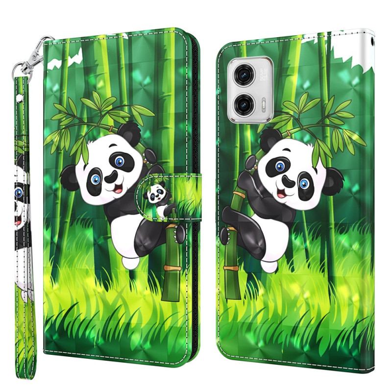 Capa Flip Para Moto G73 5G De Cordão Panda E Bambu Com Lanyard