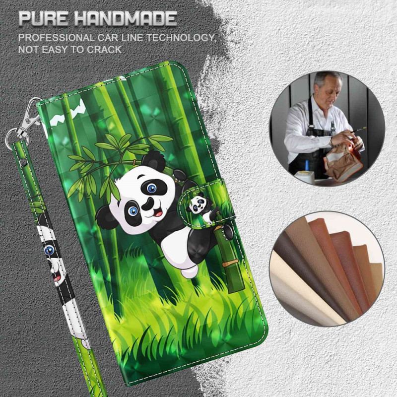 Capa Flip Para Moto G73 5G De Cordão Panda E Bambu Com Lanyard