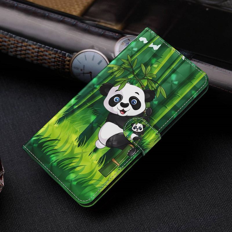 Capa Flip Para Moto G73 5G De Cordão Panda E Bambu Com Lanyard