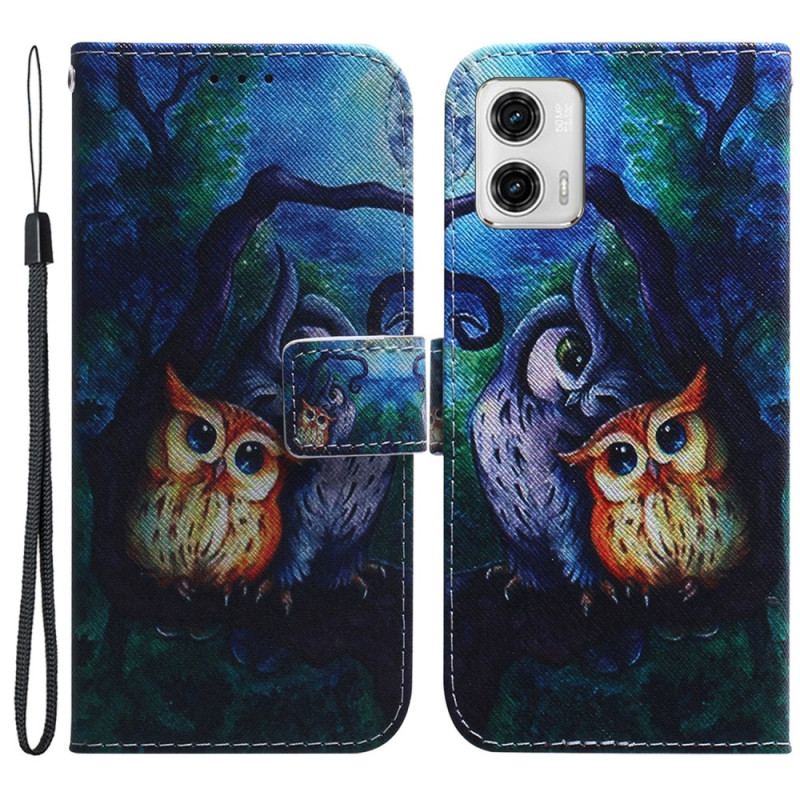 Capa Flip Para Moto G73 5G De Cordão Pintura De Corujas Strappy