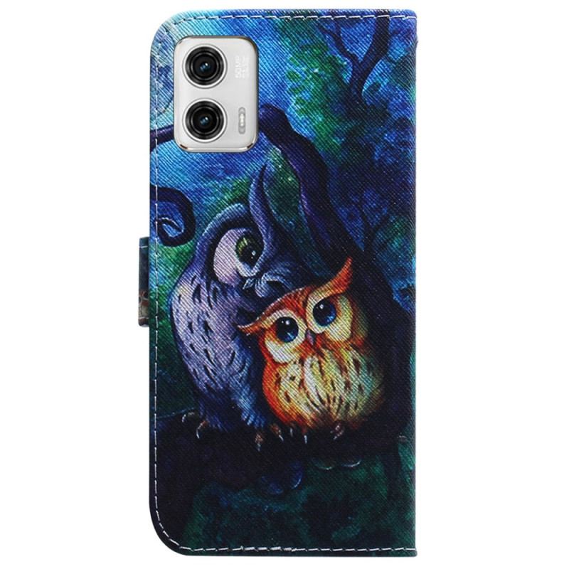 Capa Flip Para Moto G73 5G De Cordão Pintura De Corujas Strappy