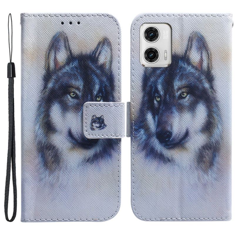 Capa Flip Para Moto G73 5G De Cordão Strappy Aquarela Lobo