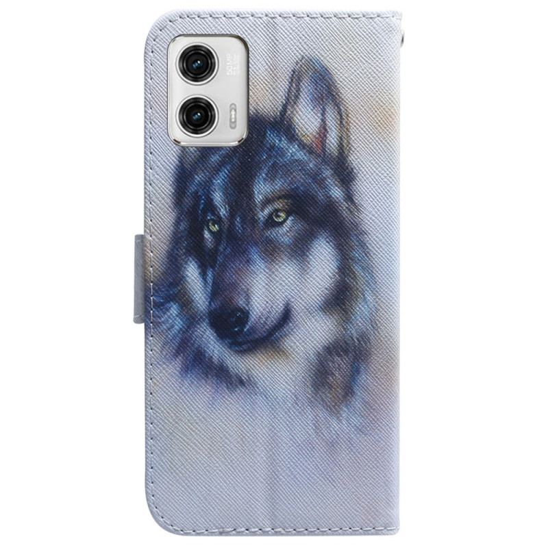 Capa Flip Para Moto G73 5G De Cordão Strappy Aquarela Lobo