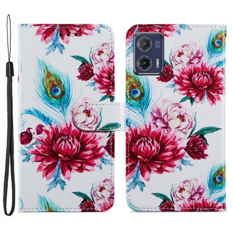 Capa Flip Para Moto G73 5G De Cordão Strappy Floral