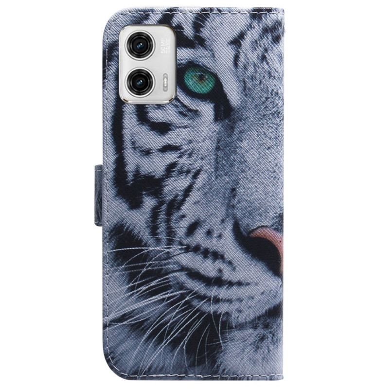 Capa Flip Para Moto G73 5G De Cordão Tira Tigre Branco