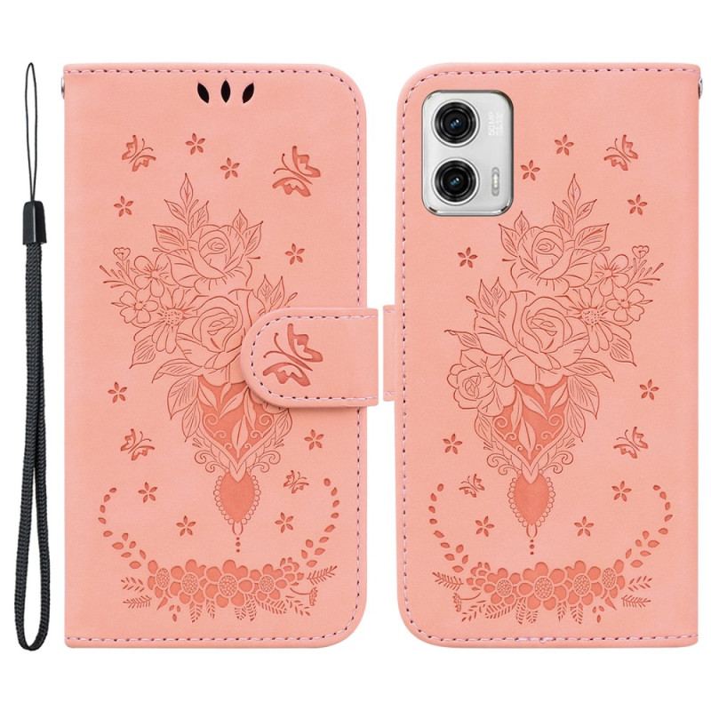 Capa Folio Para Moto G73 5G De Cordão Strappy Rosas E Borboletas