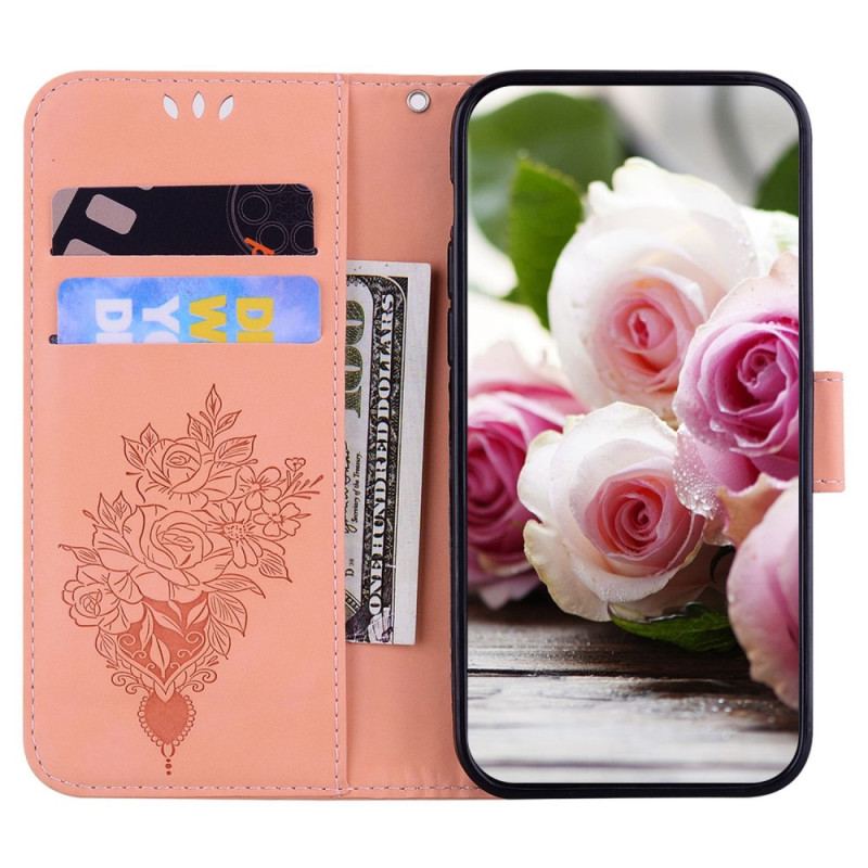 Capa Folio Para Moto G73 5G De Cordão Strappy Rosas E Borboletas