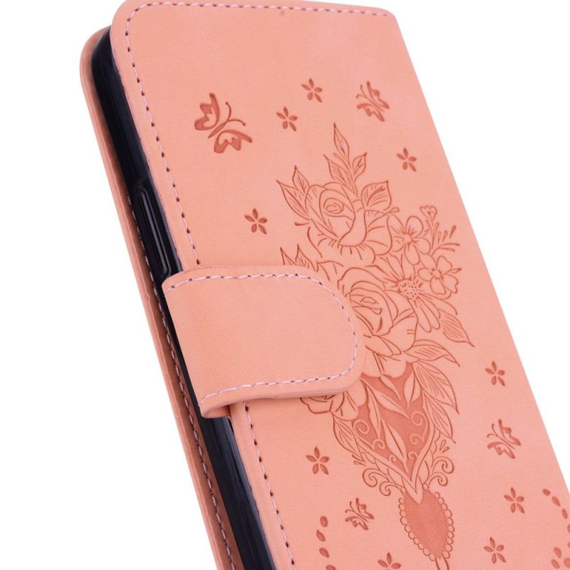 Capa Folio Para Moto G73 5G De Cordão Strappy Rosas E Borboletas