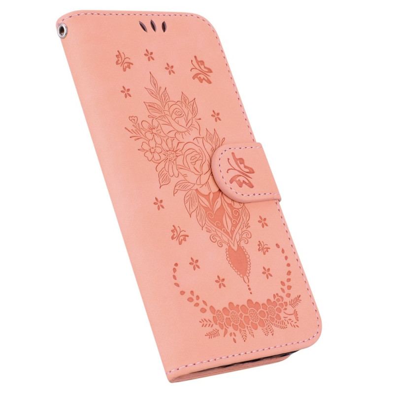 Capa Folio Para Moto G73 5G De Cordão Strappy Rosas E Borboletas