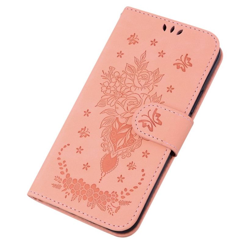 Capa Folio Para Moto G73 5G De Cordão Strappy Rosas E Borboletas