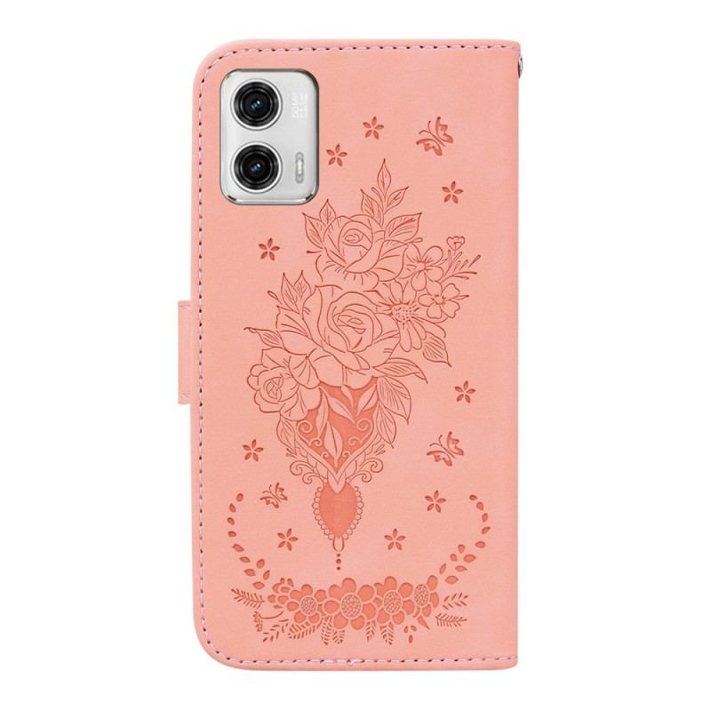 Capa Folio Para Moto G73 5G De Cordão Strappy Rosas E Borboletas