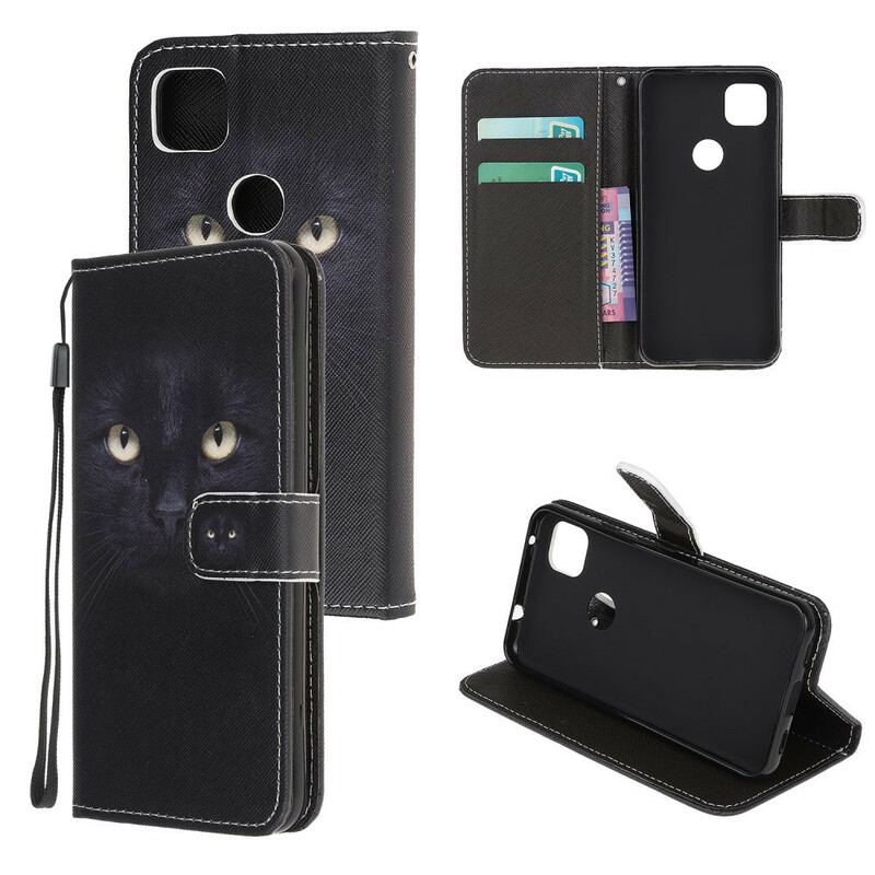 Capa Flip Para Google Pixel 4A De Cordão Olhos De Gato Preto Com Tiras