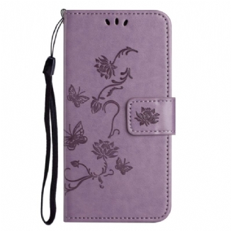 Capa De Couro Para Samsung Galaxy M13 De Cordão Flores De Tiras