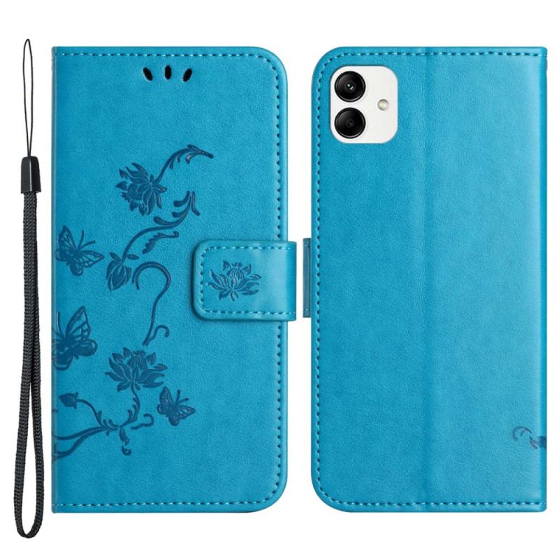 Capa De Couro Para Samsung Galaxy M13 De Cordão Flores De Tiras