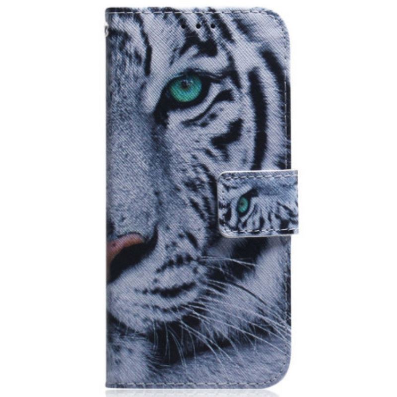 Capa De Couro Para Samsung Galaxy M13 De Cordão Tira Tigre Branco