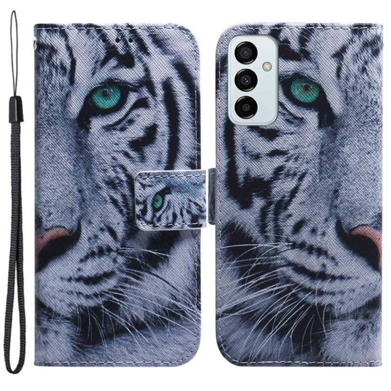 Capa De Couro Para Samsung Galaxy M13 De Cordão Tira Tigre Branco