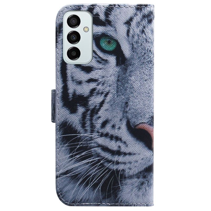 Capa De Couro Para Samsung Galaxy M13 De Cordão Tira Tigre Branco