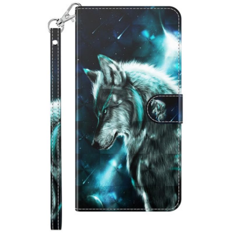 Capa De Couro Para Samsung Galaxy M13 Lobo Com Cordão