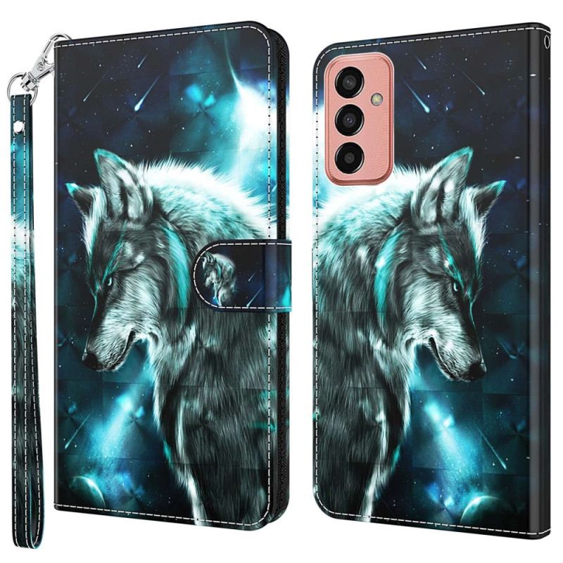 Capa De Couro Para Samsung Galaxy M13 Lobo Com Cordão