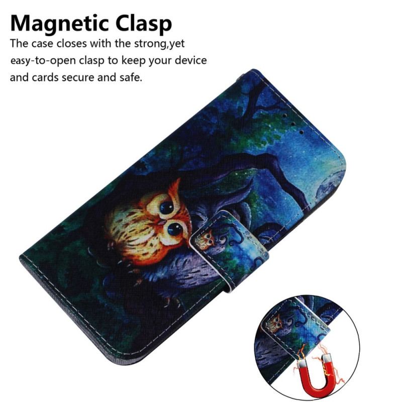 Capa Em Pele Para Samsung Galaxy M13 De Cordão Pintura De Corujas Strappy