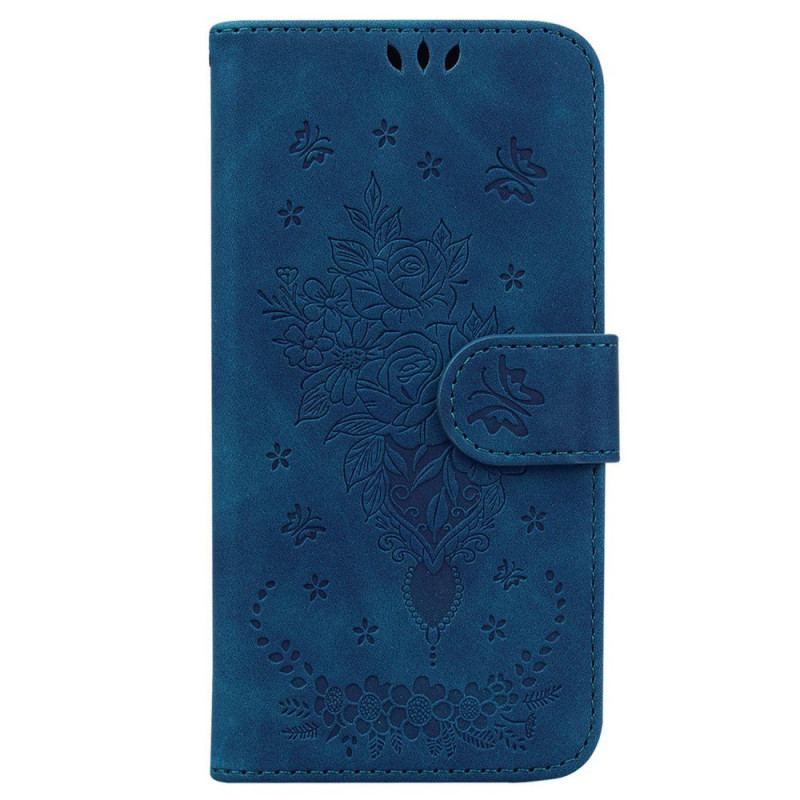 Capa Em Pele Para Samsung Galaxy M13 De Cordão Strappy Rosas E Borboletas