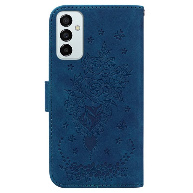 Capa Em Pele Para Samsung Galaxy M13 De Cordão Strappy Rosas E Borboletas