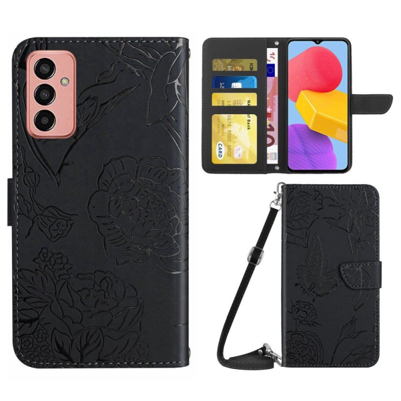 Capa Flip Para Samsung Galaxy M13 Borboletas E Alça De Ombro