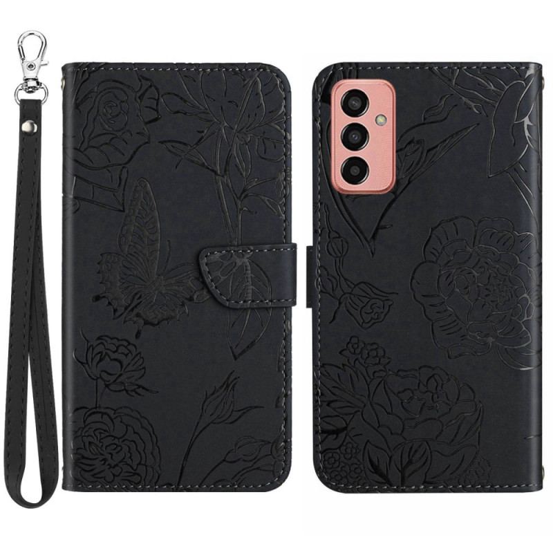 Capa Folio Para Samsung Galaxy M13 Borboletas Discretas E Cordão