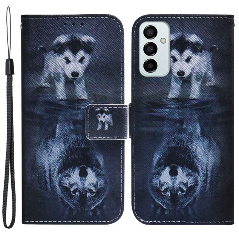 Capa Folio Para Samsung Galaxy M13 De Cordão Sonho De Cachorrinho Strappy