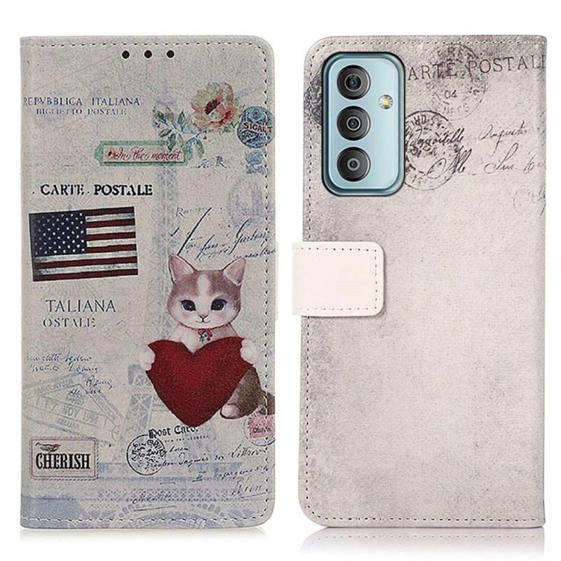 Capa Folio Para Samsung Galaxy M13 Gato Viajante